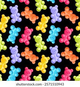 delightful seamless pattern showcasing cheerful gummy bears in an array of vibrant colors. Perfectly arranged, whimsical candies add a playful touch, ideal for children s products, packaging, festive