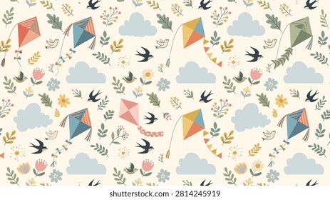 A delightful seamless pattern showcasing colorful kites soaring among fluffy clouds, various birds, and an assortment of charming floral and leafy motifs in a gentle, illustrative style.