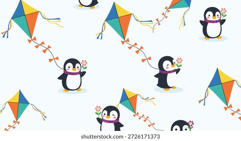 Delícia padrão sem costura mostrando pequenos pinguins carregando flores cor-de-rosa e voando papagaios coloridos de diamante contra um fundo azul suave.