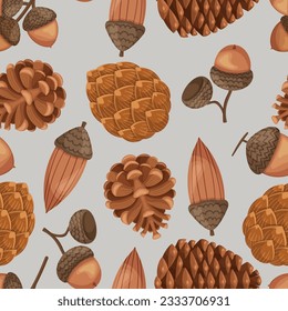 Delightful Seamless Pattern Showcasing The Natural Beauty Of Acorns And Pine Cones, Creating A Charming And Rustic Design Suitable For Wallpaper, Textile and Decor. Cartoon Vector Illustration