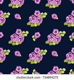 Delightful seamless pattern with small flowers of cute petunias. Regular order. Country style millefleurs. Floral background for home textiles, interiors, linens.