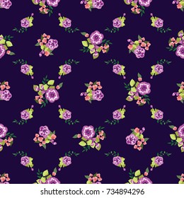 Delightful seamless pattern with small flowers of cute petunias. Regular order. Country style millefleurs. Floral background for home textiles, interiors, linens.