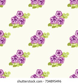 Delightful seamless pattern with small flowers of cute petunias. Regular order. Country style millefleurs. Floral background for home textiles, interiors, linens.