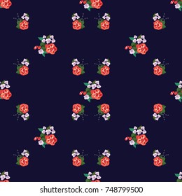 Delightful seamless pattern with small flowers of cute petunias. Regular order. Country style millefleurs. Floral background for home textiles, interiors, linens.