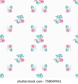 Delightful seamless pattern with small flowers of cute petunias. Regular order. Country style millefleurs. Floral background for home textiles, interiors, linens.
