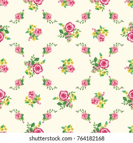 Delightful seamless pattern with small flowers of cute petunias. Regular order. Country style millefleurs. Floral background for home textiles, interiors, linens.