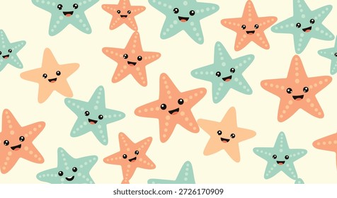 Entzückendes, nahtloses Muster aus lächelnden blauen und orangefarbenen Seesterne mit süßen Gesichtern, die auf einem weichen, cremefarbenen Hintergrund verstreut sind.