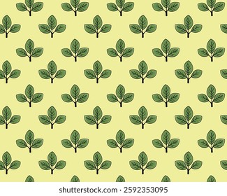 Delightful seamless pattern of stylized green leaves on a pale yellow background. Perfect for textile design, wallpaper, packaging, or website backgrounds.