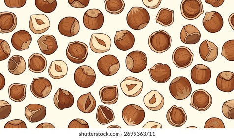 Delightful seamless pattern of whole and shelled hazelnuts, some with their kernels visible, scattered over a warm, light background.
