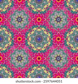 Delightful seamless spring pattern with mandalas, leaves and flowers in ethnic style in pink, green and yellow tones.