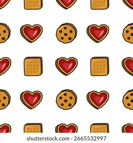 Delicioso padrão de vetor sem emenda de cookies sortidos: em forma de coração, bolachas quadradas e delícias de chocolate, perfeito para embalagens ou desenhos festivos.