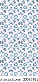 A delightful seamless vector pattern featuring cute kittens and flowers, designed in a vertical format. For textiles, paper, fabrics, wallpaper, wrapping, backdrop.