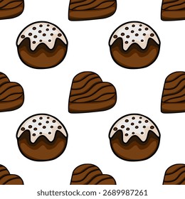 A delightful seamless vector pattern featuring charming cartoon-style chocolates, including round ones with white icing and dark chocolate dots, and heart-shaped chocolates with rich brown layers,...