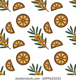 A delightful seamless vector pattern featuring vibrant orange slices and natural sea buckthorn branches with their characteristic berries, set against a clean white background.