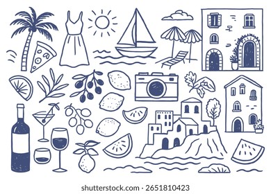 Um delicioso padrão de vetor sem costura mostra uma ilustração desenhada à mão, estilo doodle de elementos de verão mediterrâneo icônicos. Perfeito para capturar uma vibração relaxada de férias com limões, veleiros,