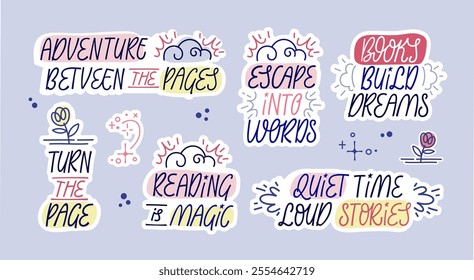 A delightful series of book-themed stickers with hand-drawn lettering and uplifting quotes. Features cozy and calming neutral hues, playful font styles, and creative doodles inspired by books