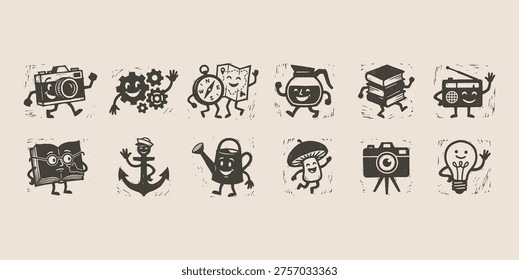 A delightful set of 10 smiling, walking retro woodcut-style cartoon characters, including camera, books, coffee, radio, and gears, rendered with a unique distressed texture on a warm beige background.