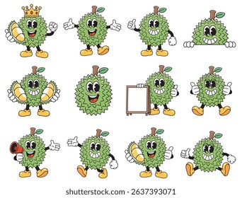A delightful set of 12 cartoon durian mascot characters in various playful poses.