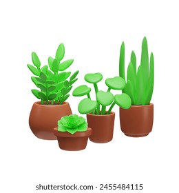 A delightful set of 3D icons featuring a variety of potted plants with lush greenery, beautifully rendered as a vector illustration for home and garden decor themes.
