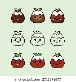 Un delicioso conjunto de puddings de Navidades de pixel art estilo 8 bits. Esta colección cuenta con un pudín de ciruela marrón coronado con glaseado blanco grueso y una guarnición de holly spray con bayas rojas.