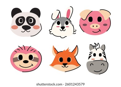 A delightful set of animal faces, hand drawn style. Perfect for children's decorations or fun graphic elements.