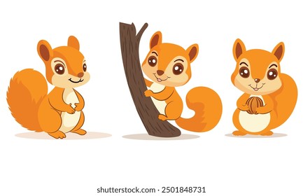 A delightful set of cartoon squirrel illustrations showcasing these adorable creatures in different playful poses, including holding a nut and climbing a tree.