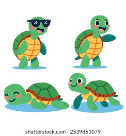 Delightful set of cartoon turtles shown in animated poses, featuring various expressions and activities, perfect for educational content and children’s animations.