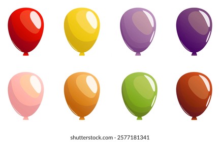 A delightful set of colorful balloons in a charming cartoon style. Perfect for party-themed designs, greeting cards, banners, and festive illustrations.