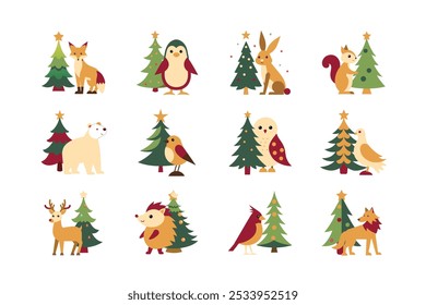 A delightful set of cute animals dressed in Christmas costumes, perfect for holiday-themed projects. These charming vector illustrations are ideal for use in greeting cards, invitations, social media.