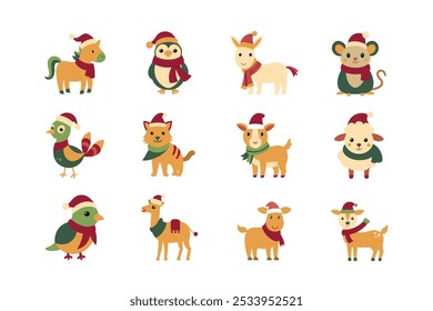 A delightful set of cute animals dressed in Christmas costumes, perfect for holiday-themed projects. These charming vector illustrations are ideal for use in greeting cards, invitations, social media.