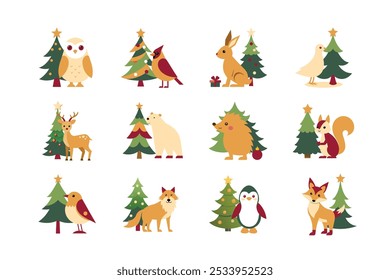 A delightful set of cute animals dressed in Christmas costumes, perfect for holiday-themed projects. These charming vector illustrations are ideal for use in greeting cards, invitations, social media.