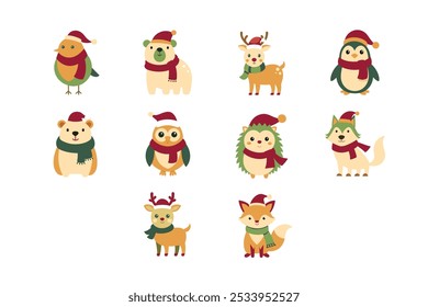 A delightful set of cute animals dressed in Christmas costumes, perfect for holiday-themed projects. These charming vector illustrations are ideal for use in greeting cards, invitations, social media.