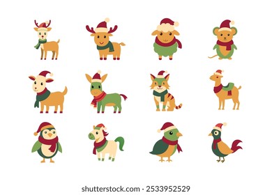 A delightful set of cute animals dressed in Christmas costumes, perfect for holiday-themed projects. These charming vector illustrations are ideal for use in greeting cards, invitations, social media.