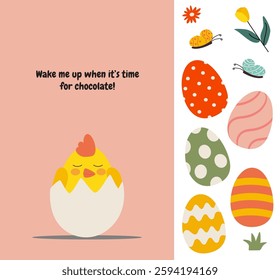 A delightful set featuring Easter greeting cards, a collection of colorful flowers, and beautifully decorated eggs. Perfect for holiday designs, seasonal decorations, and festive illustrations.