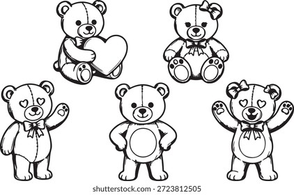 Un encantador conjunto de cinco líneas dibujando osos de peluche, cada uno en una pose única, algunos con corazones o arcos, en un campo blanco.