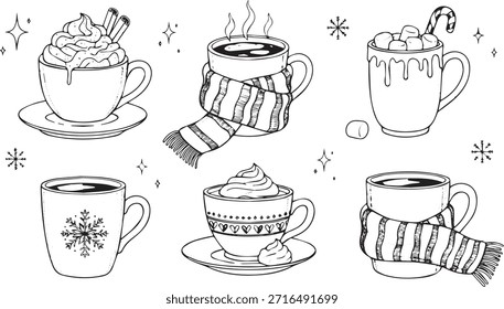 Un encantador conjunto de ilustraciones dibujadas a mano con varias bebidas calientes como cacao y café, adornadas con crema batida, malvaviscos, bastones de caramelo y bufandas, perfectas para un tema de invierno.