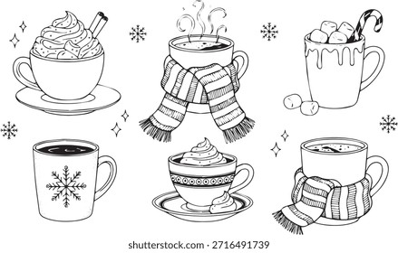 A delightful set of hand-drawn illustrations featuring various mugs filled with hot beverages like hot chocolate and coffee, adorned with whipped cream, marshmallows, candy canes, and cozy scarves, p.