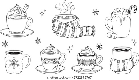A delightful set of hand-drawn illustrations featuring various hot beverages, including cocoa, coffee, and tea, adorned with whipped cream, marshmallows, and festive winter decorations like snowflake.