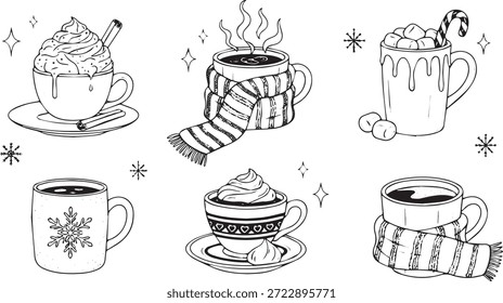 Um conjunto delicioso de ilustrações desenhadas à mão com várias bebidas quentes, perfeito para a estação de inverno.