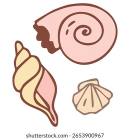 A delightful set of hand-drawn seashells, including a pink spiral shell, a yellow and pink conch, and a small beige scallop. Isolated on white, ideal for ocean and summer designs.