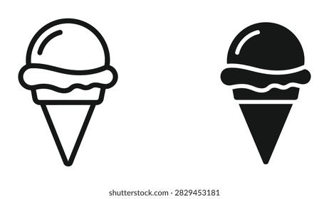 A delightful set of ice cream cone vector icons featuring both an outline style and a solid black silhouette. These icons are perfect for dessert shops food delivery apps summer-themed marketing or menu design projects.