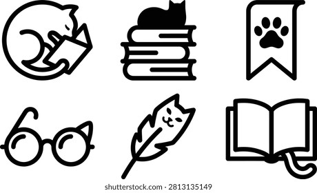 A delightful set of icons featuring cats and books representing education and literature