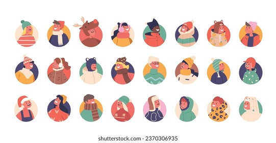 Delightful Set Of Kids Avatars Dressed In Cozy Winter Attire, Featuring Warm Scarves And Hats, Little Boys And Girls