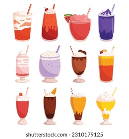 Delightful Set Of Milkshakes, Perfect For Indulging In Creamy Goodness. Bursting With Flavors Like Chocolate, Strawberry, Vanilla, Offer A Refreshing And Satisfying Treat. Cartoon Vector Illustration