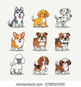 A delightful set of nine different adorable cartoon dog breeds in a charming illustration style