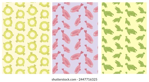 A delightful set of seamless patterns featuring playful sea animals such as turtles, fish, and floats in pastel colors, perfect for summer-themed projects