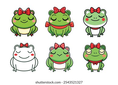 A delightful set of six cute frog characters wearing red bows. Perfect vector illustrations for kids designs and playful creative projects.