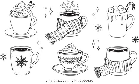 A delightful set of six hand-drawn illustrations featuring various hot beverages, some adorned with whipped cream, cinnamon sticks, marshmallows, and candy canes, while others are wrapped in cozy sca.