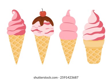 A delightful set of strawberry-flavored ice cream cones in various poses. Perfect for sweet treats, desserts, and summer-themed designs.