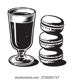 Un delicioso boceto de café en un vaso con una pila de macarrones